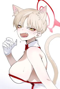 1girl animal_ear_fluff animal_ears blonde_hair blue_archive cat_day cat_ears cat_girl character_request dantyou2525 fangs halo highres marina_(blue_archive) red_halo sharp_teeth simple_background solo teeth upper_body white_background