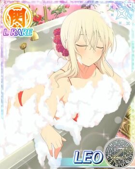 Rule 34 | 1girl, aquarius (symbol), aries (symbol), bathing, bathroom, bathtub, bikini, blonde hair, breasts, cancer (symbol), capricorn (symbol), card (medium), closed eyes, collarbone, convenient censoring, dodecagram, faucet, floral print, gemini (symbol), hair between eyes, hair ornament, hair scrunchie, in bathtub, large breasts, lens flare, leo (senran kagura), leo (symbol), libra (symbol), long hair, official alternate hairstyle, official art, pisces (symbol), red bikini, rose print, sagittarius (symbol), school emblem, scorpio (symbol), scrunchie, senran kagura, senran kagura new wave, sidelocks, soap, soap bubbles, soap censor, solo, sparkle, swimsuit, taurus (symbol), very long hair, virgo (symbol), wallpaper (object), wet, zodiac wheel