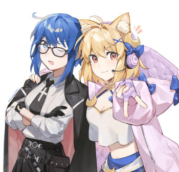 2girls ahoge animal_ear_fluff animal_ears arcueid_brunestud belt black_gloves black_jacket black_skirt blonde_hair blue_eyes blue_hair blue_skirt blush bow breasts c.i.e.l_(fate) ciel-sensei_(fate) camisole cat_ears choker ciel_(tsukihime) citrusarjun cleavage closed_mouth collared_shirt crescent crescent_hair_ornament crop_top crop_top_overhang fate/grand_order fate_(series) fingerless_gloves glasses gloves hair_ornament headphones hood hooded_jacket jacket jacket_on_shoulders large_breasts long_sleeves looking_at_viewer multiple_girls navel necktie one_eye_closed open_mouth phantas-moon phantas-moon_(second_ascension) pink_jacket purple_gloves red_eyes shirt short_hair skirt sleeves_rolled_up smile striped_clothes striped_gloves white_camisole white_shirt