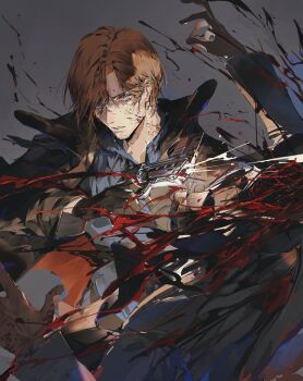 1boy beard_stubble black_coat black_gloves black_shirt blood blood_splatter blue_eyes brown_hair coat collared_shirt commentary facial_hair fur-trimmed_coat fur_trim furry gloves grey_background gun hair_between_eyes handgun highres holding holding_gun holding_weapon humidifier_xd leon_s._kennedy male_focus parted_bangs parted_lips resident_evil resident_evil_requiem shirt short_hair solo stubble symbol-only_commentary upper_body weapon