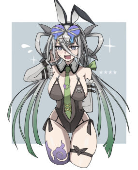 1girl animal_ears bare_shoulders black_one-piece_swimsuit blush breasts cleavage commentary_request detached_collar detached_sleeves eyewear_on_head fake_animal_ears fate/grand_order fate_(series) grey_eyes grey_hair hair_between_eyes hair_ornament hair_rings hairclip highleg highleg_one-piece_swimsuit highres huyan_zhuo_(fate) huyan_zhuo_(swimsuit_berserker)_(fate) large_breasts long_hair looking_to_the_side low_twintails navel necktie one-piece_swimsuit open_mouth plunging_neckline smile solo sparkle sunglasses swimsuit thigh_strap thighs tokumori_ramen twintails very_long_hair