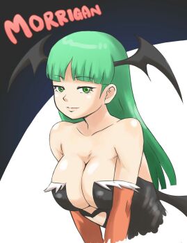 Rule 34 | 1girl, bare shoulders, bat wings, breasts, center opening, character name, cleavage, closed mouth, collarbone, demon girl, elbow gloves, female focus, gloves, green eyes, green hair, head wings, highres, large breasts, lips, long hair, looking at viewer, matching hair/eyes, morrigan aensland, solo, darkstalkers, wings, yuuya (blue scarab)