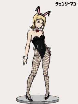 Rule 34 | animal ears, black leotard, blonde hair, chainsaw man, djangoultra, fake animal ears, fishnet pantyhose, fishnets, high heels, highres, leotard, pantyhose, playboy bunny, rabbit ears, sawatari akane (chainsaw man)