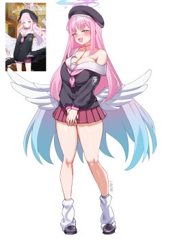 Rule 34 | 1girl, black shirt, black shoes, blue archive, blue hair, blue halo, blush, breasts, cleavage, collarbone, commentary, cosplay, english commentary, full body, gradient eyes, gradient hair, gradient halo, halo, highres, koharu (blue archive), koharu (blue archive) (cosplay), large breasts, linear 71, long hair, looking at viewer, loose socks, low wings, mika (blue archive), multicolored eyes, multicolored hair, multicolored halo, neckerchief, open mouth, pink hair, pink halo, pink neckerchief, pink skirt, pleated skirt, purple eyes, sailor collar, shirt, shoes, single bare shoulder, skirt, smile, socks, solo, thighs, very long hair, white background, white sailor collar, white socks, white wings, wings, yellow eyes