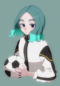 1boy absurdres aqua_hair bad_tag ball blue_eyes blush green_background highres holding holding_ball inazuma_eleven_(series) inazuma_eleven_victory_road jacket komakomakomao looking_at_viewer male_focus medium_hair multicolored_hair sasanami_unmei simple_background soccer_ball solo two-tone_hair upper_body white_jacket