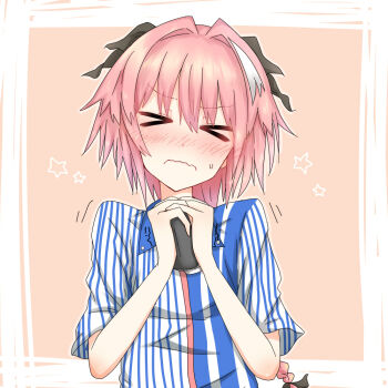 1boy astolfo_(fate) blue_shirt blush brown_background closed_eyes closed_mouth commentary_request fate/grand_order fate_(series) hair_intakes holding kaname_game_etc medium_hair nose_blush pink_hair shirt short_sleeves simple_background solo striped_clothes striped_shirt trap upper_body vertical-striped_clothes vertical-striped_shirt