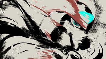 1boy blue_eyes close-up euphythefox forehead_jewel helmet highres ink_wash_painting male_focus mega_man_(series) mega_man_zero_(series) red_helmet simple_background solo zero(z)_(mega_man) zero_(mega_man)