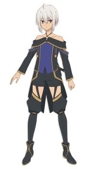 Rule 34 | 1boy, ahoge, anime coloring, bare shoulders, black boots, black shirt, black shorts, black thighhighs, blue shirt, boots, brown eyes, closed mouth, collarbone, full body, garter straps, highres, long sleeves, looking at viewer, nanaki ralei, off-shoulder shirt, off shoulder, official art, ouji ryuunosuke, shirt, short hair, shorts, sidelocks, simple background, solo, standing, tensai ouji no akaji kokka saiseijutsu, thighhighs, thighs, transparent background, trap, tsurime, two-tone shirt, white hair