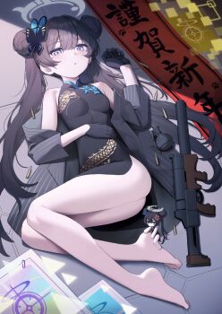 1girl anger_vein ass bare_legs bare_shoulders barefoot black_dress black_gloves black_hair black_jacket blue_archive blush breasts butterfly_hair_ornament chibi chibi_inset china_dress chinese_clothes chinese_commentary commentary_request double_bun dragon_print dress dutch_angle explosive feet full_body gloves grenade grey_eyes grey_halo gun hair_between_eyes hair_bun hair_ornament hair_spread_out halo hand_on_own_stomach hand_up highres irain jacket jacket_partially_removed kisaki_(blue_archive) knees_together_feet_apart legs long_hair looking_at_viewer lying on_back on_floor open_clothes open_jacket parted_lips print_dress sidelocks sleeveless sleeveless_dress small_breasts solo striped_clothes striped_jacket thighs toes translation_request twintails vertical-striped_clothes vertical-striped_jacket very_long_hair weapon