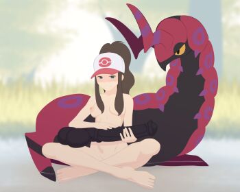 1boy 1girl animal_penis antennae baseball_cap blue_eyes breasts brown_hair bug crossed_legs full_body gen_5_pokemon gigantic_penis hair_over_breasts half-closed_eyes hat high_ponytail highres hilda_(pokemon) horse_penis indian_style long_hair medium_breasts nintendo nipples nude penis grabbing_another's_penis pokemon pokemon_(creature) pokemon_black_and_white pokephilia ponytail scolipede sidelocks sitting vilho_kukkonen yellow_eyes