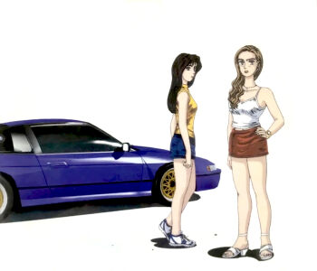 Rule 34 | 2girls, armpits, bare legs, blue eyes, blue skirt, blush, brown eyes, brown hair, buttons, casual, dress, earrings, feet, front-tie top, hair intakes, hair over shoulder, highres, holding hands, initial d, jewelry, legs, light brown hair, lips, long hair, long sleeves, looking at viewer, medium hair, miniskirt, multiple girls, navel, nissan, nissan sileighty, no socks, official art, open clothes, open shirt, parted bangs, pencil skirt, red skirt, sandals, satou mako, sayuki, sayuki (initial d), shadow, shirt, shoes, short dress, side slit, sidelocks, simple background, skirt, sneakers, standing, swept bangs, tank top, toes, turtleneck, wavy hair, white background, white shirt, yellow shirt