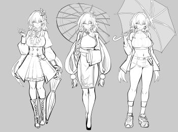 1girl bonz0616 boots evernight_(honkai:_star_rail) flower hair_flower hair_ornament highres honkai:_star_rail honkai_(series) long_hair looking_at_viewer march_7th_(honkai:_star_rail) midriff multiple_views oil-paper_umbrella pants skirt smile twintails umbrella