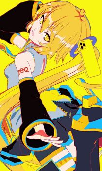 Rule 34 | 1girl, 3d, 3ito nazuia, akita neru, bare shoulders, black boots, black shorts, black skirt, black sleeves, blonde hair, boots, cellphone, collared shirt, detached sleeves, floating, floating object, grey shirt, hair between eyes, hair tie, hashtag-only commentary, highres, long hair, mikumikudance (medium), miniskirt, open mouth, phone, shirt, shorts, shorts under skirt, shoulder tattoo, side ponytail, skirt, sleeveless, sleeveless shirt, smartphone, solo, tattoo, thigh boots, very long hair, vocaloid, yellow background, yellow eyes, yellow theme, yellow trim