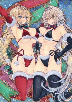 2girls bare_shoulders bikini black_bikini black_gloves black_thighhighs blonde_hair blue_eyes blush bow bowtie braid braided_ponytail breasts chikinan_tarou cleavage detached_collar elbow_gloves fate/grand_order fate_(series) fur-trimmed_bikini fur_trim gloves grey_hair highres jeanne_d'arc_(fate) jeanne_d'arc_alter_(fate) large_breasts long_hair looking_at_viewer multiple_girls navel open_mouth painting_(medium) red_bikini red_gloves red_thighhighs santa_bikini santa_costume smile swimsuit thighhighs traditional_media very_long_hair watercolor_(medium) yellow_eyes