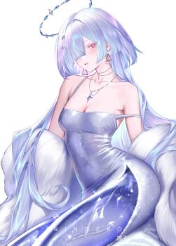 Rule 34 | 1girl, absurdres, alternate costume, artist name, bare shoulders, breasts, cleavage, collarbone, colored eyelashes, commentary, covered navel, dress, earrings, grey dress, grey hair, hair intakes, hair ornament, hair over one eye, halo, highres, jewelry, light blush, long hair, looking at viewer, medium breasts, mornye (wuthering waves), necklace, paid reward available, parted lips, red eyes, ringeko-chan, see-through body, side slit, simple background, solo, star (symbol), star necklace, strap slip, triangle earrings, white background, wuthering waves