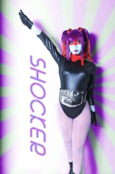 Rule 34 | 1girl, absurdres, arm up, belt, black leotard, breasts, cosplay, english text, gradient hair, green eyes, hand in own hair, highres, kamen rider, leotard, lips, long hair, looking at viewer, model request, multicolored hair, open mouth, pantyhose, photo (medium), purple hair, shiny clothes, shocker (kamen rider), smile, solo, standing, toujima tanzaburou wa kamen rider ni naritai, twintails, two-tone background, yukarisu, yukarisu (cosplay)