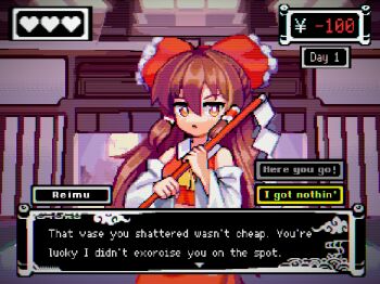 1girl architecture bare_shoulders bow brown_eyes brown_hair character_name commentary detached_sleeves dialogue_options east_asian_architecture english_commentary english_text fake_screenshot gohei hair_bow hakurei_reimu heart highres holding holding_gohei japanese_clothes long_hair nontraditional_miko open_mouth options pixel_art pov red_bow scanlines touhou uni_draws user_interface very_long_hair video_game_dialogue_box wide_sleeves yen_sign