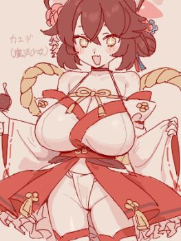 1girl alternate_costume bare_shoulders black_hair blue_archive breasts cleavage detached_sleeves fang fundoshi hair_bun halo huge_breasts japanese_clothes kaede_(blue_archive) lowres maibotsumou nontraditional_miko open_mouth oppai_loli pleated_skirt red_skirt ribbon-trimmed_sleeves ribbon_trim rokushaku_fundoshi rope shimenawa simple_background single_side_bun skin_fang skirt solo wide_sleeves yellow_eyes