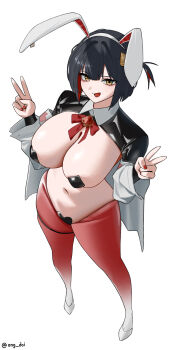 1girl animal_ears black_hair black_jacket breasts double_v fake_animal_ears goddess_of_victory:_nikke heart_maebari heart_pasties high_heels highres jacket kirirei_228 large_breasts looking_at_viewer maebari multicolored_hair navel official_alternate_costume pantyhose pasties playboy_bunny rabbit_ears red_hair red_pantyhose rouge_(nikke) rouge_(unlucky_rabbit)_(nikke) short_hair simple_background solo stomach two-tone_hair v white_background