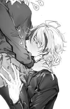 Rule 34 | !?, 1boy, 1girl, ahoge, blush, braid, braided ponytail, commentary request, fate/strange fake, fate (series), greyscale, hetero, highres, jacket, kirin e2, licking, long hair, monochrome, open mouth, pantyhose, richard i (fate), sajou ayaka (fate/strange fake), shirt, simple background, single braid, skirt, sweater, white background