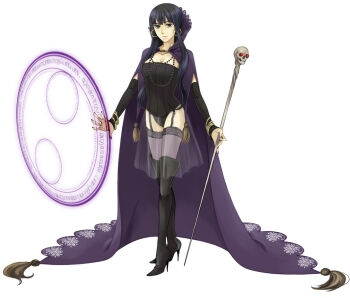 Rule 34 | 1girl, bad id, bad pixiv id, black hair, boots, cape, detached sleeves, female focus, garter belt, high heel boots, high heels, long hair, magic, magic circle, monaka, nail polish, panties, pixiv fantasia, pixiv fantasia 1, purple nails, red eyes, shoes, solo, staff, thigh boots, thighhighs, underwear, witch