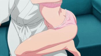 1boy 1girl alcohol animated animated_gif anime_screenshot back black_hair blonde_hair blush bra breasts cleavage closed_eyes collarbone dimples_of_venus feet hetero hino_kyouji kiss large_breasts multicolored_hair mushanokouji_kaoru panties pink_bra pink_panties robe shuumatsu_no_harem thighs twintails underwear white_robe wine