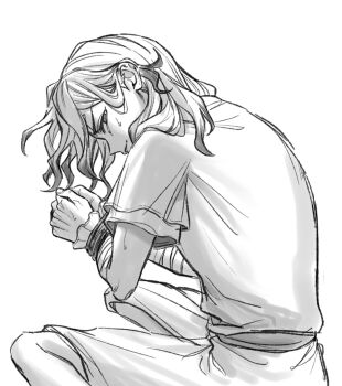 Rule 34 | 1boy, bandaged arm, bandages, belt, bound, bound wrists, closed mouth, dr. stone, facial mark, feet out of frame, from behind, from side, gradient hair, greyscale, hair down, half-closed eyes, highres, ishigami senkuu, lips, looking at viewer, looking back, male focus, medium hair, messy hair, monochrome, multicolored hair, on floor, parted lips, profile, short sleeves, simple background, sitting, solo, sweat, sweatdrop, wa wawa ii, white background