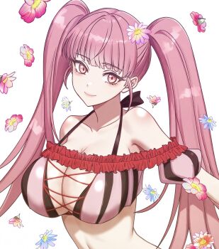 1girl armpits bare_shoulders bikini breasts cleavage closed_mouth collarbone commentary_request eyewear_on_head fire_emblem fire_emblem:_three_houses fire_emblem_heroes floral_background highres hilda_valentine_goneril hilda_valentine_goneril_(summer) large_breasts long_hair nintendo official_alternate_costume ootuk pink_bikini pink_eyes pink_hair smile solo stomach sunglasses swimsuit twintails upper_body white_background