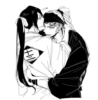 1boy 1girl abarai_renji arms_around_neck black_hair black_hairband black_robe bleach closed_eyes couple dz_sk7170 furrowed_brow greyscale hair_ribbon hairband hetero hug japanese_clothes kissing_head kuchiki_rukia light_blush long_hair monochrome one_eye_closed open_mouth parted_bangs ponytail ribbon robe sideburns smile upper_body white_background white_robe