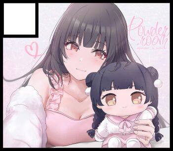 1girl black_hair breasts brown_eyes camisole character_doll cleavage closed_mouth collarbone commentary_request doll heart highres idolmaster idolmaster_shiny_colors long_hair mayuzumi_fuyuko medium_breasts pink_camisole powder_is_kona twintails