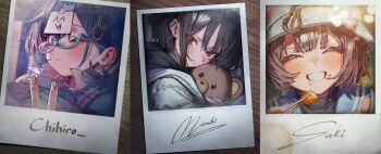 3girls absurdres bandages barbell_piercing betabeet black_hair blue_archive breasts chihiro_(blue_archive) chopsticks closed_eyes ear_piercing fake_photograph glasses grin hair_ornament halo hat highres holding holding_stuffed_toy hood hugging_object industrial_piercing jacket long_hair long_sleeves mask misaki_(blue_archive) multiple_girls paper_on_head photo_(object) piercing polaroid_photo purple_hair red_eyes saki_(blue_archive) shirt short_hair sleeping smile sticky_note stuffed_animal stuffed_toy teddy_bear v