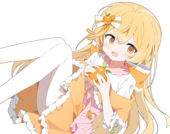 Rule 34 | 1girl, :d, blonde hair, blush, borrowed character, bow, collared shirt, commentary request, contrast collar, double-parted bangs, feet out of frame, food, food-themed hair ornament, fruit, hair ornament, highres, holding, holding food, holding fruit, long hair, looking at viewer, open mouth, orange (fruit), orange hair ornament, orange skirt, original, pantyhose, shirt, simple background, skirt, smile, solo, striped bow, three-quarter sleeves, urotsuki (ku9625), white background, white bow, white pantyhose, white shirt, yellow eyes