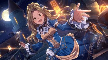Rule 34 | 1girl, ahoge, anime coloring, ball gown, blue dress, blue flower, blue rose, brown hair, castle, cloud, curtained hair, dress, earrings, floating hair, flower, frilled dress, frilled sleeves, frills, full moon, game cg, glint, green eyes, hair flower, hair ornament, high ponytail, holding, holding mask, huge moon, idolmaster, idolmaster million live!, idolmaster million live! theater days, jewelry, long dress, long hair, long sleeves, looking at viewer, mask, masquerade mask, moon, moonlight, multicolored dress, night, nikaido chizuru, official art, on stairs, outdoors, outstretched arm, outstretched hand, ponytail, railing, reaching, reaching towards viewer, ring, rose, sky, smile, stairs, star (sky), star (symbol), starry sky, stone stairs, third-party source, wide ponytail, wide sleeves, window, yellow dress