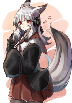 1girl alternate_costume andou_yuna animal_ear_fluff animal_ears arknights beamed_eighth_notes behind-the-head_headphones black_pantyhose blush fox_ears fox_girl fox_tail frostleaf_(arknights) grey_hair hand_on_headphones headphones highres jacket long_hair looking_at_viewer missing_headwear musical_note off_shoulder open_clothes open_jacket pantyhose red_eyes red_sailor_collar red_skirt sailor_collar school_uniform serafuku shirt simple_background skirt sleeves_past_fingers sleeves_past_wrists solo tail tail_raised white_shirt