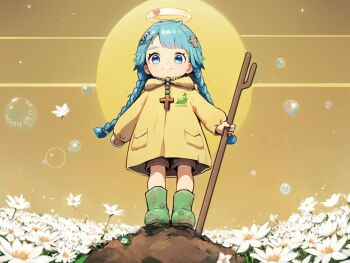 1girl blue_eyes blue_hair boots brown_shorts bubble commentary_request cross_hair_ornament flower green_boots hair_ornament halo heart jubilee_2025 luce_(jubilee_2025) raincoat rosary shorts sun yellow_raincoat yuen_(butterchain)