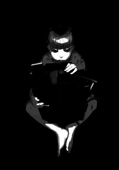1boy barefoot black_background computer darkness full_body greyscale highres holding holding_laptop kid_sagami laptop male_focus monochrome non-web_source occultic;nine official_art pako_(pakosun) pale_skin science_adventure short_hair simple_background solo