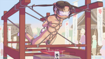 1girl arms_behind_back bdsm blindfold bondage bound breasts copyright_request dildo feet flat_chest full_body gag hair_bobbles hair_ornament humiliation improvised_gag kogakunama loli multiple_others navel nipples nude object_insertion outdoors public_indecency public_nudity pussy_juice rope sex_toy shibari shrine small_areolae small_breasts small_nipples socks suspension sweat translated twintails vaginal vaginal_object_insertion