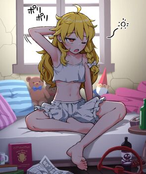 1girl :3 ahoge armpits bear_trap bed blanket blonde_hair bloomers blue_bow book bow coffee_table collarbone crack cracked_wall cup day flat_chest gnome hair_bow highres indoors kirisame_marisa long_hair mini-hakkero mushroom navel newspaper on_bed one_eye_closed open_mouth orange_eyes pillow poison red_bow ribs scratching_head sitting sleepwear solidus_(sword_cube) solo striped_pillow stuffed_animal stuffed_toy table teddy_bear touhou underwear vertical-striped_pillow waking_up white_bloomers white_bow window