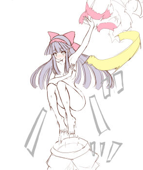 1girl ainu_clothes arm_up armpits barefoot blush breasts constricted_pupils covering_breasts covering_privates feet hair_ribbon highres jumping looking_down nakoruru nude purple_hair ribbon samurai_spirits small_breasts snk sweat the_king_of_fighters undressing unworn_clothes wide-eyed