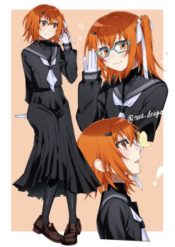 1girl a.i._voice absurdres adachi_rei adjusting_eyewear alternate_costume aqua-framed_eyewear bespectacled black_pantyhose black_sailor_collar black_serafuku black_shirt black_skirt border brown_shoes closed_mouth glasses gloves hair_ribbon hand_up highres loafers long_skirt long_sleeves looking_ahead looking_at_viewer medium_hair multiple_views neckerchief one_side_up orange_background orange_eyes orange_hair outside_border pantyhose pleated_skirt rectangular_eyewear ribbon sailor_collar school_uniform serafuku shirt shoes simple_background skirt sleeves_past_wrists tere_douga utau white_border white_gloves white_neckerchief white_ribbon