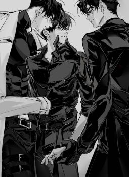 3boys absurdres black_gloves black_hair black_shirt clone_harem coat collared_shirt cowboy_shot dual_persona gloves grabbing_another&#039;s_chin greyscale grin hand_on_another&#039;s_chest hand_on_another&#039;s_chin highres holding_hands kim_dokja looking_at_another male_focus monochrome multiple_boys omniscient_reader&#039;s_viewpoint open_clothes open_coat parted_lips rhyme1863 secretive_plotter shirt short_hair sleeves_rolled_up smile toned toned_male white_coat yaoi yoo_joonghyuk