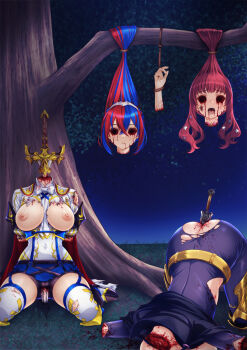2girls ass blood blue_bodysuit blue_hair bodysuit breasts breasts_out commentary_request corpse ero_guro eye_socket female_alear_(fire_emblem) fire_emblem fire_emblem_engage guro hanging highres hollow_eyes impaled large_breasts long_hair multicolored_hair multiple_girls nintendo nipples not_a_chan red_hair severed_limb sitting sword tears tree two-tone_hair under_tree wariza weapon yunaka_(fire_emblem)