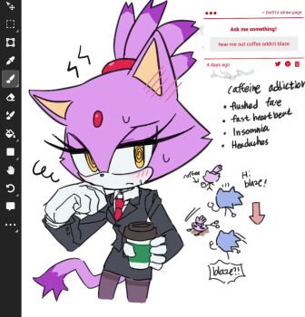 0ni91ri 1boy 1girl @_@ alternate_costume blaze_the_cat blush cat_girl cat_tail coffee english_text fainted formal_clothes furry furry_female half-closed_eyes pantyhose solo_focus sonic_(series) sonic_the_hedgehog suit sweat tail