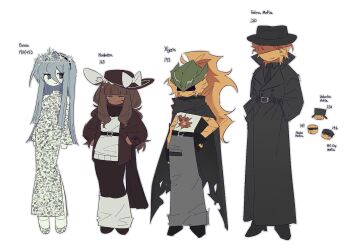 2girls 5boys air_zizon android black_coat black_hairband black_hat blonde_hair blue_hair bow brown_hair brown_jacket coat colored_skin dress eunoia_(frozen_soul) fedora frozen_soul green_helmet hair_bow hairband hat helmet high_ponytail highres jacket low_twintails mafioso_(frozen_soul) multiple_boys multiple_girls nashatra_bealdhild ponytail roblox sidelocks sweater trench_coat twintails white_bow white_dress white_skin white_sweater xigeris_(frozen_soul) yellow_skin