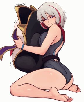 1girl absurdres armlet artist_name ass back_cutout bare_legs bare_shoulders barefoot black_leotard breasts cape clothing_cutout colored_inner_hair commentary english_commentary from_behind full_body highres honkai:_star_rail honkai_(series) hug jewelry large_breasts leotard light_smile looking_at_viewer multicolored_hair narrowed_eyes purple_eyes raichiyo33 red_hair shiny_skin short_hair signature simple_background sitting streaked_hair thighs toes topaz_(honkai:_star_rail) wariza white_hair