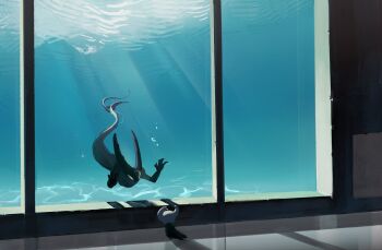 Rule 34 | 2others, black skin, colored skin, cracked mask, from behind, full body, ghost tail, glass, grey cloak, highres, hollow knight, hollow knight (character), horned mask, horns, indoors, knight (hollow knight), looking at another, mask, milktea25424633, multiple others, shadow, underwater, white eyes, white mask