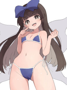 1girl bikini blue_ribbon breasts brown_eyes brown_hair commentary_request hair_ribbon hiyoshipow long_hair navel open_mouth ribbon simple_background small_breasts smile solo star_sapphire swimsuit touhou white_background wings