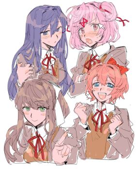 4girls arrow_(symbol) blazer blue_eyes blush bow breasts brown_hair brown_jacket brown_sweater_vest clenched_hands closed_mouth collared_shirt commentary_request crossed_arms doki_doki_literature_club doki_doki_literature_club_school_uniform fang green_eyes hair_between_eyes hair_bow hair_ornament hair_ribbon half-closed_eyes hand_up hands_up happy high_ponytail highres index_finger_raised jacket lapels large_breasts long_hair long_sleeves looking_at_viewer medium_breasts monika_(doki_doki_literature_club) multiple_girls natsuki_(doki_doki_literature_club) neck_ribbon open_clothes open_jacket open_mouth pink_eyes pink_hair ponytail purple_eyes purple_hair red_bow red_ribbon ribbon sayori_(doki_doki_literature_club) school_uniform shirt short_hair sidelocks simple_background smile sweatdrop sweater_vest taiyaki_jky teeth upper_body white_background white_bow white_shirt x_hair_ornament yuri_(doki_doki_literature_club)