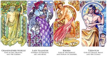 1girl 3boys antonella_castelli armlet barefoot beard bird black_hair blue_hair blue_skin border breasts brown_hair card card_(medium) chaos_(warhammer) chaos_god character_name closed_eyes closed_mouth colored_skin commentary crown divine_being dress english_commentary english_text facial_hair fantasy flower gem gold_crown hair_flower hair_ornament hand_fan hawk head_wreath holding holding_fan holding_mask holding_staff holding_sword holding_weapon jewelry khorne laurels leaf leaf_print leaning_back long_hair looking_at_viewer mask medium_hair multiple_boys nurgle patterned pillar pink_flower purple_dress purple_flower red_eyes red_gemstone red_robe revealing_clothes robe sharp_teeth short_hair skull_print slaanesh staff sword tarot tarot_(medium) tarot_card teeth title topless_male tzeentch vase warhammer_40k wavy_hair weapon white_background white_beard white_border white_hair yellow_robe