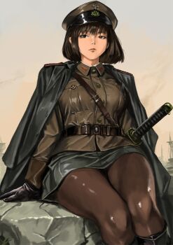 1girl black_eyes black_gloves black_hair black_pantyhose bob_cut closed_mouth coat coat_on_shoulders commentary_request gloves hat highres imperial_japanese_army katana looking_at_viewer military_hat military_uniform original pantyhose short_hair simple_background sitting solo sword tyokugekidato weapon